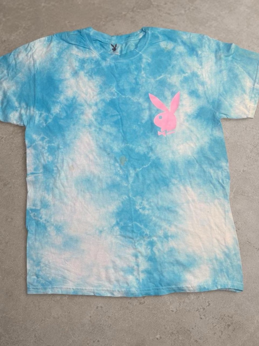 PLAYBOY Blue Tie-Dye Tee with Pink Bunny Logo